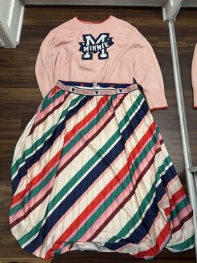 Minnie Mouse Majorette Women’s Sz 2X 2PC Pink Sweater And Midi Striped Skirt